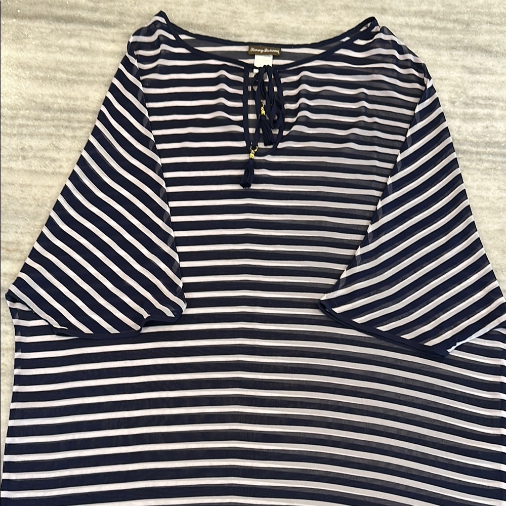 Tommy Bahama Sheer Navy Striped Swim Cover Up / Tunic, Size Medium (M)